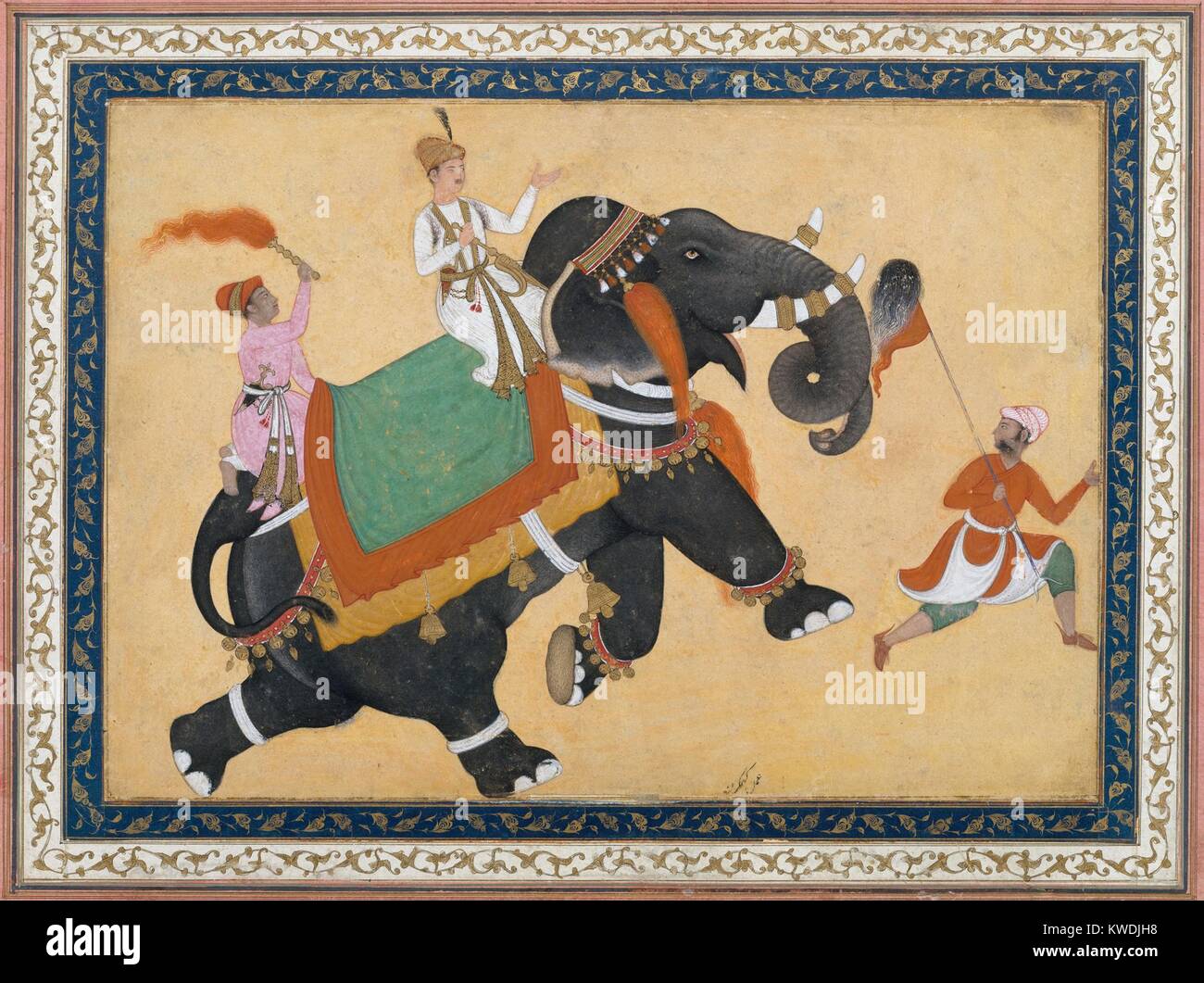 Prinz Ritt auf einem Elefanten, von Khem Karan, 16th-17th c., Indische, Mughal Aquarell Malerei. Elefanten wurden geschätzt und oft Gegenstand von Mughal Kunstwerke. Die Künstlerin arbeitete im Gericht von Akbar dem Großen, der dritte Mughal Kaiser, der von 1556 bis 1605 regierte (BSLOC 2017 16 27) Stockfoto