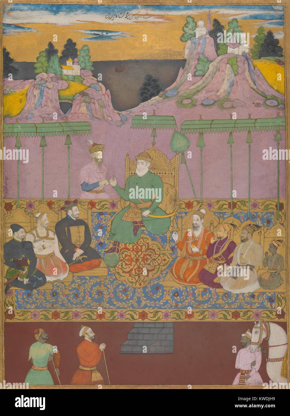 Das Haus von BIJAPUR, von Chand, Muhammad 1670-80 s, Indische Malerei, Tusche, Aquarell auf Papier. Dynastische Portrait von allen neun Adil Shahi Sultane, die Bijapur, Deccan Sultanat von c. ausgeschlossen Von 1550 bis 1686, als es durch das Mughal Reiches erobert. Der letzte Sultan, Sikandar Adil Shah, ist der Junge ganz rechts. In der Mitte, den Schlüssel der Legitimität von Isma'il, Gründer der Dynastie der Safawiden im Iran, zu Yusuf, Gründer der Bijapur Dynastie (BSLOC 2017 16 28) Stockfoto