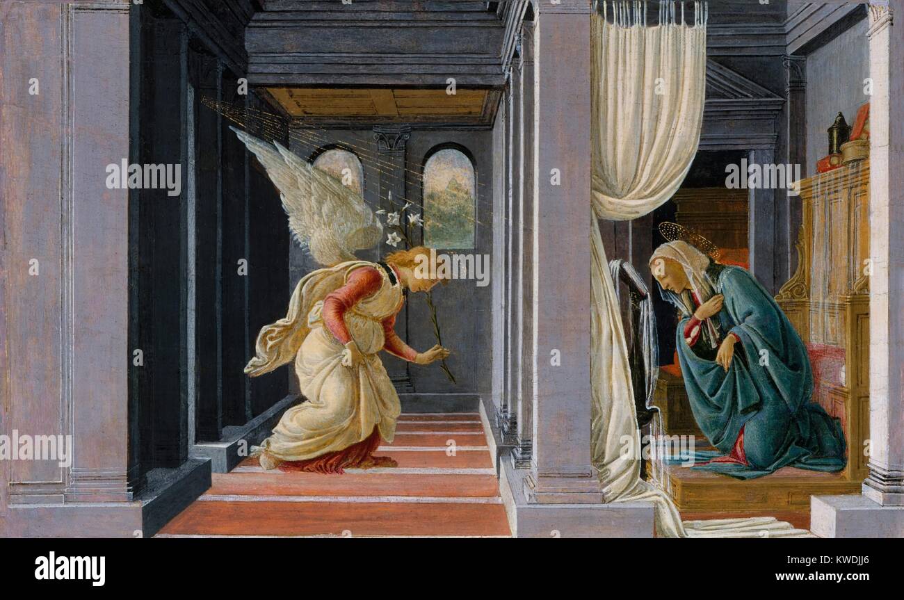 Die Verkündigung, von Botticelli, 1485-92, italienische Renaissance Malerei, Tempera, Gold auf Holz. Die Ankündigung erfolgt in der klassischen Architektur Innenraum mit-Perspektive (BSLOC 2017 16 45 beschrieben) Stockfoto