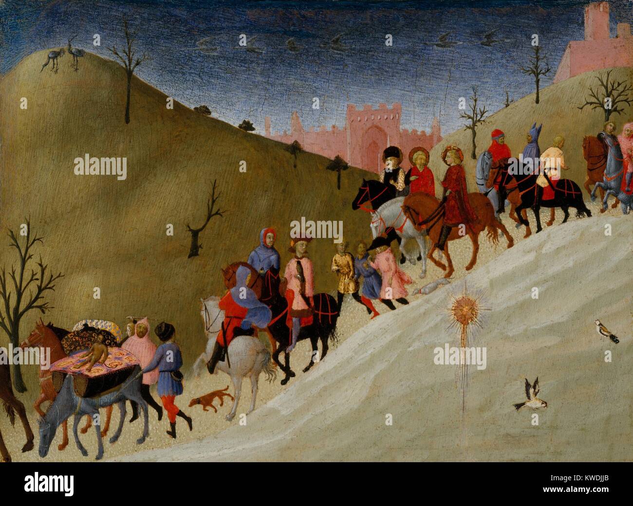 Die Reise der Heiligen Drei Könige, die von Sassetta, 1433-35, italienische Renaissance Malerei, Tempera, Gold auf Holz. Sassetta war der führende Maler des 15. Jahrhunderts Siena, zeigt die Karawane der Drei Könige nach Bethlehem zu verehren den neugeborenen Jesus Christus (BSLOC 2017 16 48) Stockfoto