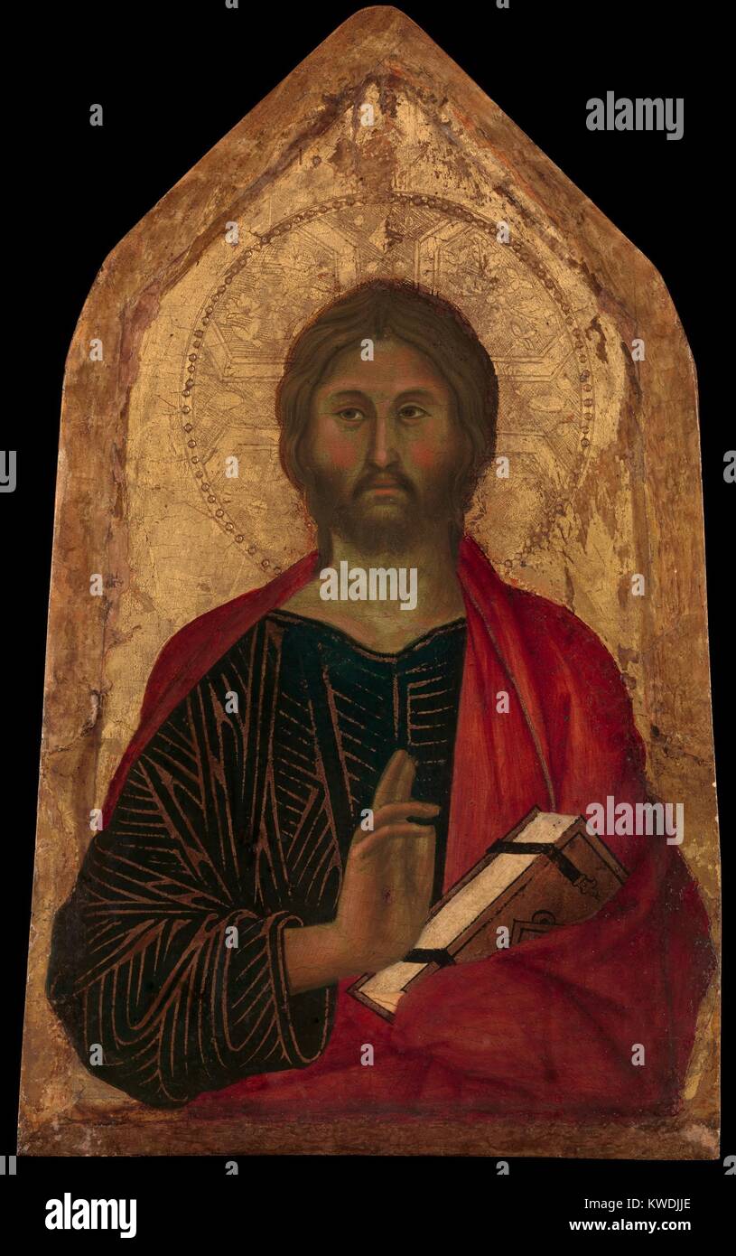Christus Segen, von camie di Buonaventura, 1311, Italienische Proto-Renaissance Temperamalerei. Christs Gesicht, Hand- und rote Uhr sind in modellierten Formen gemalt. Dieser Kontrast mit dem gold Linien auf dem blauen Kleid von der traditionellen byzantinischen Stil (BSLOC 2017 16 50) Stockfoto