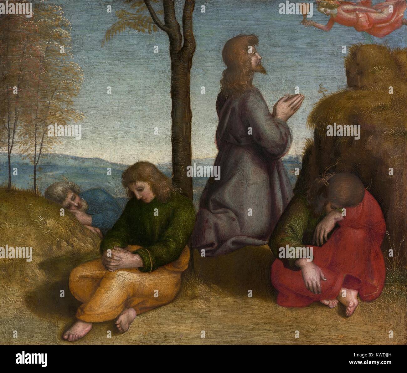 Die todesangst IM GARTEN, von Raffael, 1505-20, italienische Renaissance Malerei, Öl auf Holz. Christus ist das Beten in den Garten von Gethsemane vor seiner Verhaftung, als seine Jünger schlafend um ihn herum (BSLOC 2017 16 53) Stockfoto