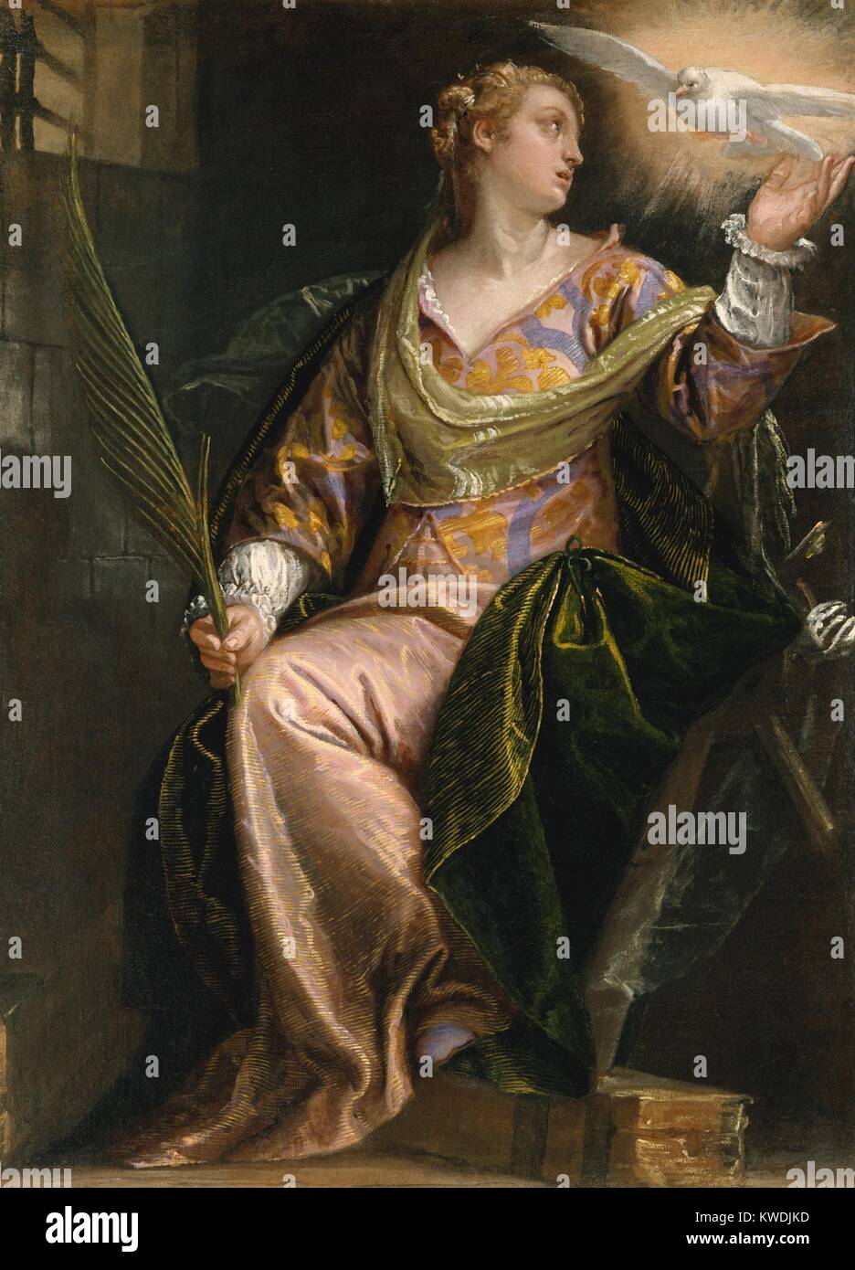 ST. Katharina von Alexandria im Gefängnis, von Paolo Veronese, 1580-85, italienische Renaissance Malerei. Die jungen Heiligen wird durch die Taube des Heiligen Geistes in ihrem dunklen Gefängniszelle getröstet. Auf der rechten Seite sind Fragmente des Rades der Ausführung, die sie berühren, als Kaiser Maxentius zunächst versucht, sie zu töten, aufgelöst. Sie wurde dann durch Enthauptung gemartert und hält die Märtyrer Palm (BSLOC 2017 16 69) Stockfoto