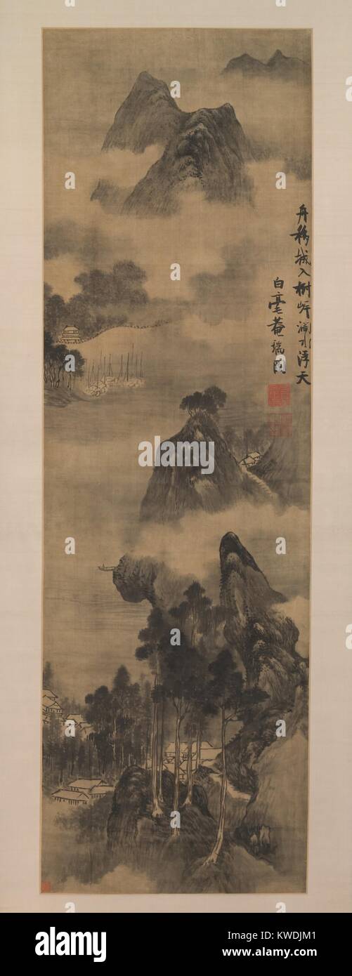 Berge entlang der Flussufer, von Zhang Ruitu, 1600-1640, Chinesische Malerei, Tinte auf Satin. Dieser Nördlichen Song-Dynastie Landschaft gemalt wurde durch ein Mandarin Kalligraph, der die Malerei in seinem Ruhestand (BSLOC 2017 16 8) Stockfoto