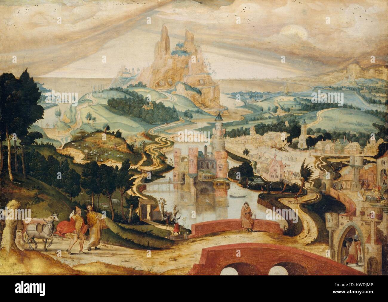 Die ANKUNFT IN BETHLEHEM, von Meister LC, 1540, Niederländischen, Northern Renaissance Öl Malerei. Drei Szenen innerhalb der Malerei erzählen Maria und Josef Anreise (unten links), drehte sich sein Weg in einem Gasthaus (rechts des mittleren Schlosses), und in der Anbetung des Jesuskindes ganz rechts. Diese Maßnahmen findet in einem Detail, komplex, und unvollendete Landschaft (BSLOC 2017 16 95) Stockfoto