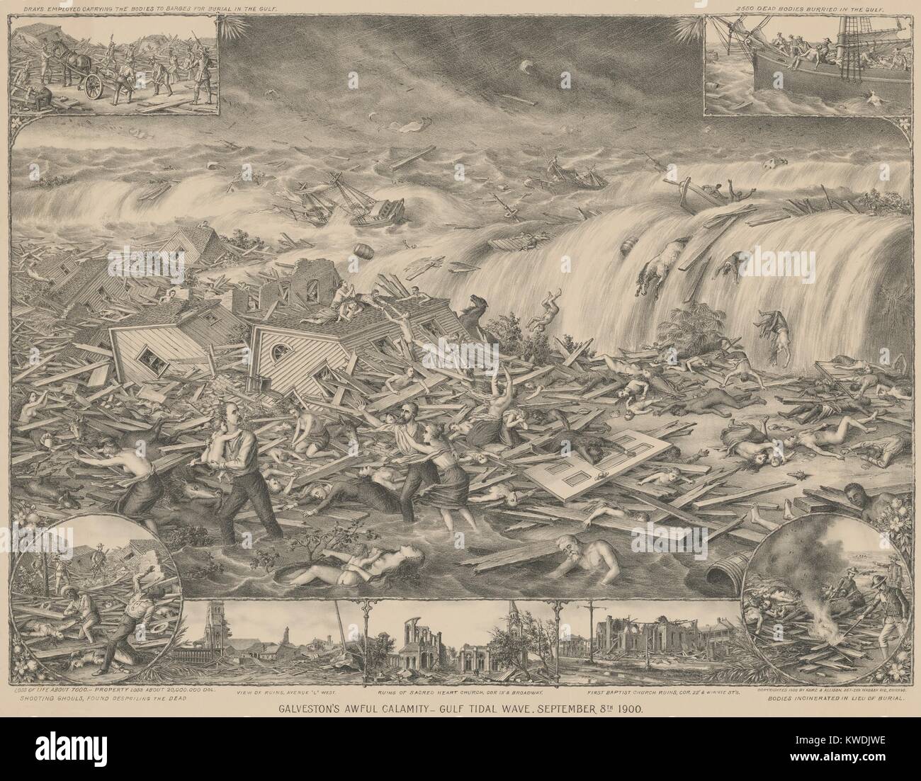 Galvestons schreckliches Unheil, Golf Flutwelle, September 8, 1900. Das Bild zeigt die Hurricane und der Flutwelle Hochwasser Galveston, Texas, Gebäuden, Menschen zu töten, als Überlebende kämpfen um ihr Leben. Vignetten zeigen die Folgen von Verwertung und Beseitigung der Tausenden von Toten Körpern (BSLOC 2017 17 82) Stockfoto