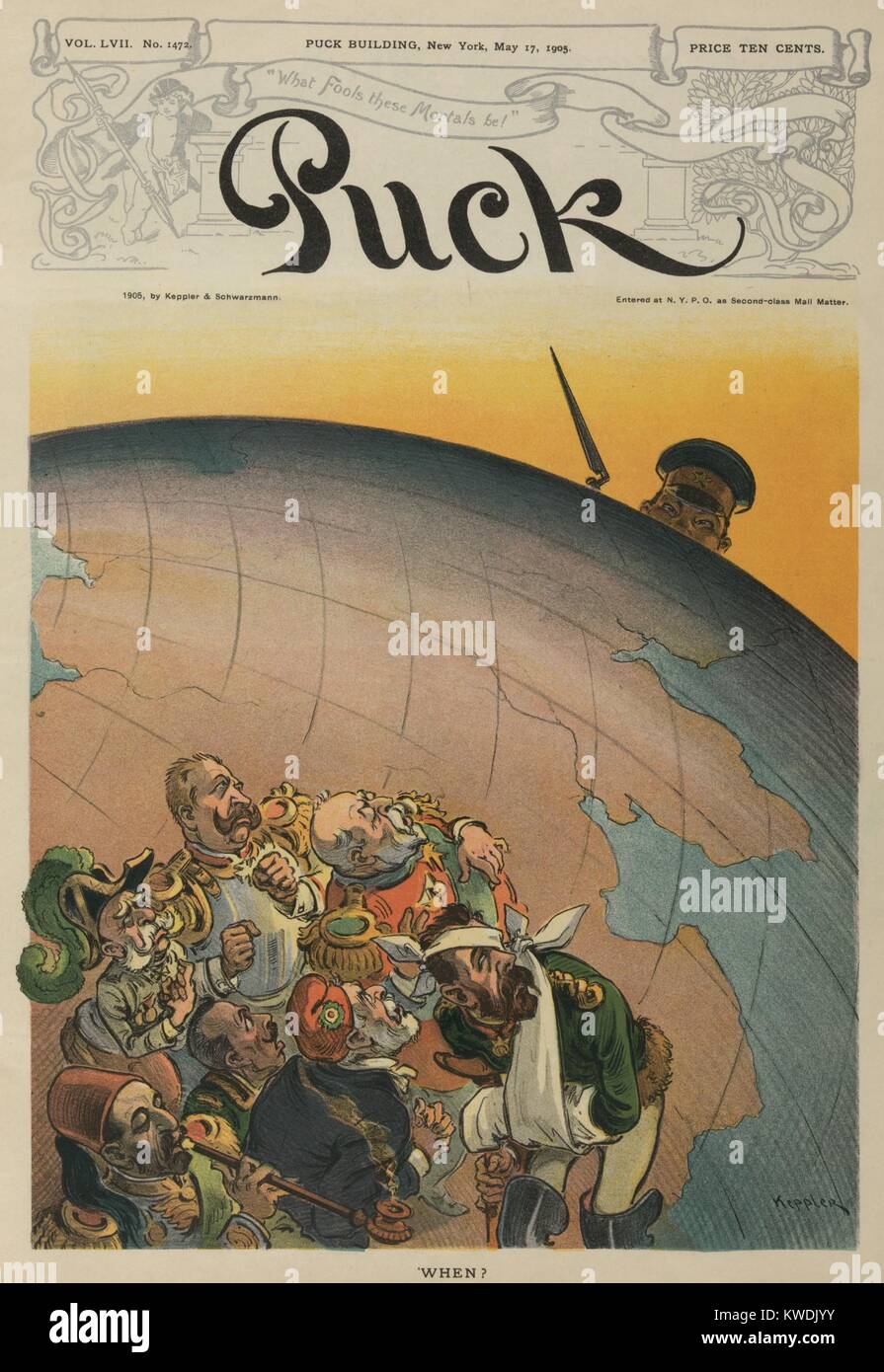 Kaiser Mutsuhito von Japan, Peering über die Erde von Osten nach Europa. Der 17. Mai, PUCK Cartoon 1905 Kommentare zu der Russisch-Japanische Krieg, in dem die Victor, zum ersten Mal dem asiatischen, europäischen Kämpfer. Die europäischen Staats- und Regierungschefs auftreten wie der Stand mit den Verwundeten russischen Zaren, Nikolaus II (BSLOC 2017 18 118) Stockfoto