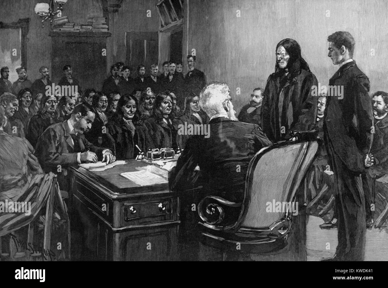 Sioux Häuptlinge mit Innenminister John Noble im Februar 1891. Sie unterzeichneten einen Friedensvertrag mit der US-Regierung nach dem Wounded Knee Massaker von Dez. 29, 1890 und nach Washington reiste als Delegation zu diskutieren Beschwerden (BSLOC 2017 18 31) Stockfoto