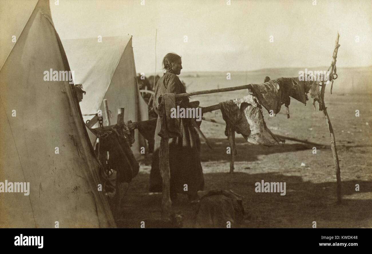 Sioux Frau, die zwischen zwei Frames auf das Fleisch getrocknet wird, 1908. Dieses traditionelle Bewahrung Methode wurde mit Rindfleisch, nachdem der Büffel von den Great Plains verschwanden. Foto von Solomon Butcher (BSLOC 2017 18 37) Stockfoto
