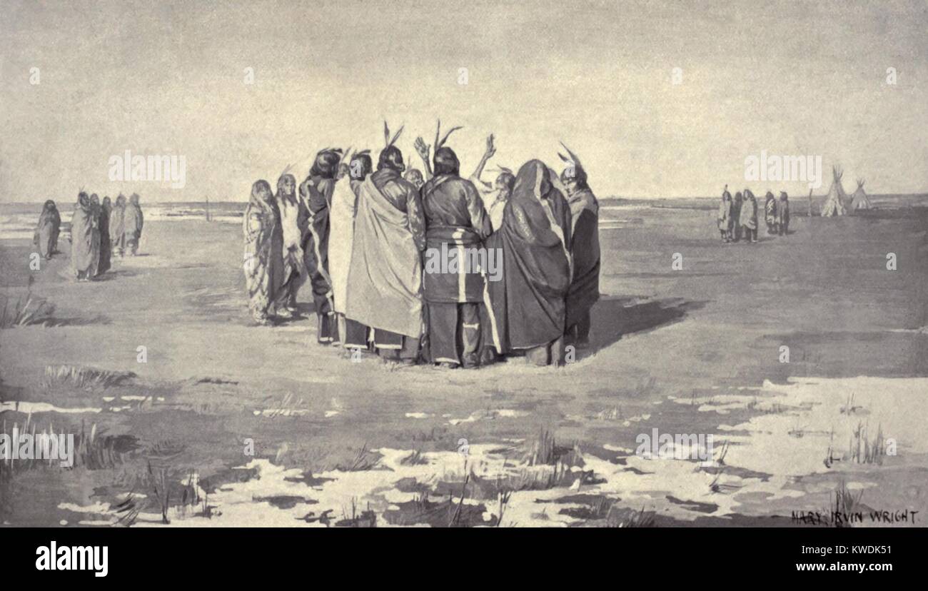 Native American Ghost Tänzer in einem kleinen Kreis, halten sich an den Händen, C. 1890. Unter den Stämmen Üben der Ghost Dance waren: Paiute, Shoshoni, Arapaho, Cheyenne, Pawnee, und Lakota (Sioux). Die Reproduktion eines Gemäldes von Maria Irvin Wright (BSLOC 2017 18 5) Stockfoto