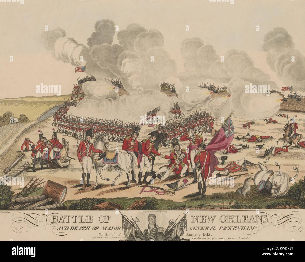 Schlacht von New Orleans und dem Tod von Major General Packenham und Samuel Gibbs, Jan. 8, 1815. Dieser Ausdruck zeigt die Schlacht als Britische Kräfte auf den Barrikaden der amerikanischen Kräfte voraus. Die Amerikaner, die Nummern 3 bis 1, wurden siegreich nach dem Feuern Sie An marschieren Reihen der britischen Soldaten. Uns Verluste waren 333 (185 Tote), der Britischen 2459 (386 Tote) (BSLOC 2017 6 6) Stockfoto