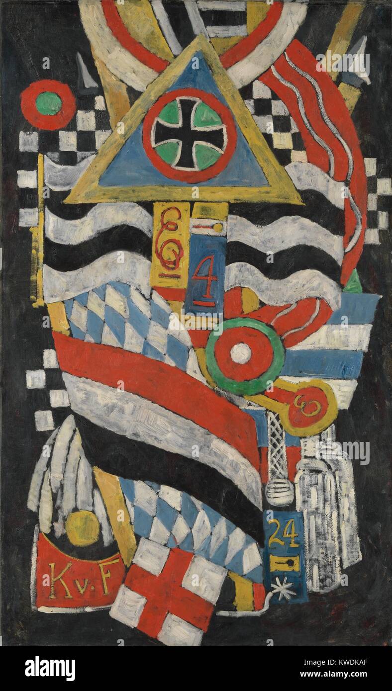 Porträt EINES DEUTSCHEN OFFICIER, Marsden Hartley, 1914, Amerikanische Malerei, Öl auf Leinwand. Hartley Zusammensetzung ist ein abstraktes Porträt von Karl von Freyburg, einem preußischen Leutnant, ein Freund der Künstler, der im Zweiten Weltkrieg 1 starb. Von Freyburg ist symbolisch mit der Initialen, K.; sein Regiment Nummer 4; sein Alter bei Tod, 24 dargestellt; und das Eiserne Kreuz, erhielt er postum (BSLOC 2017 7 103) Stockfoto