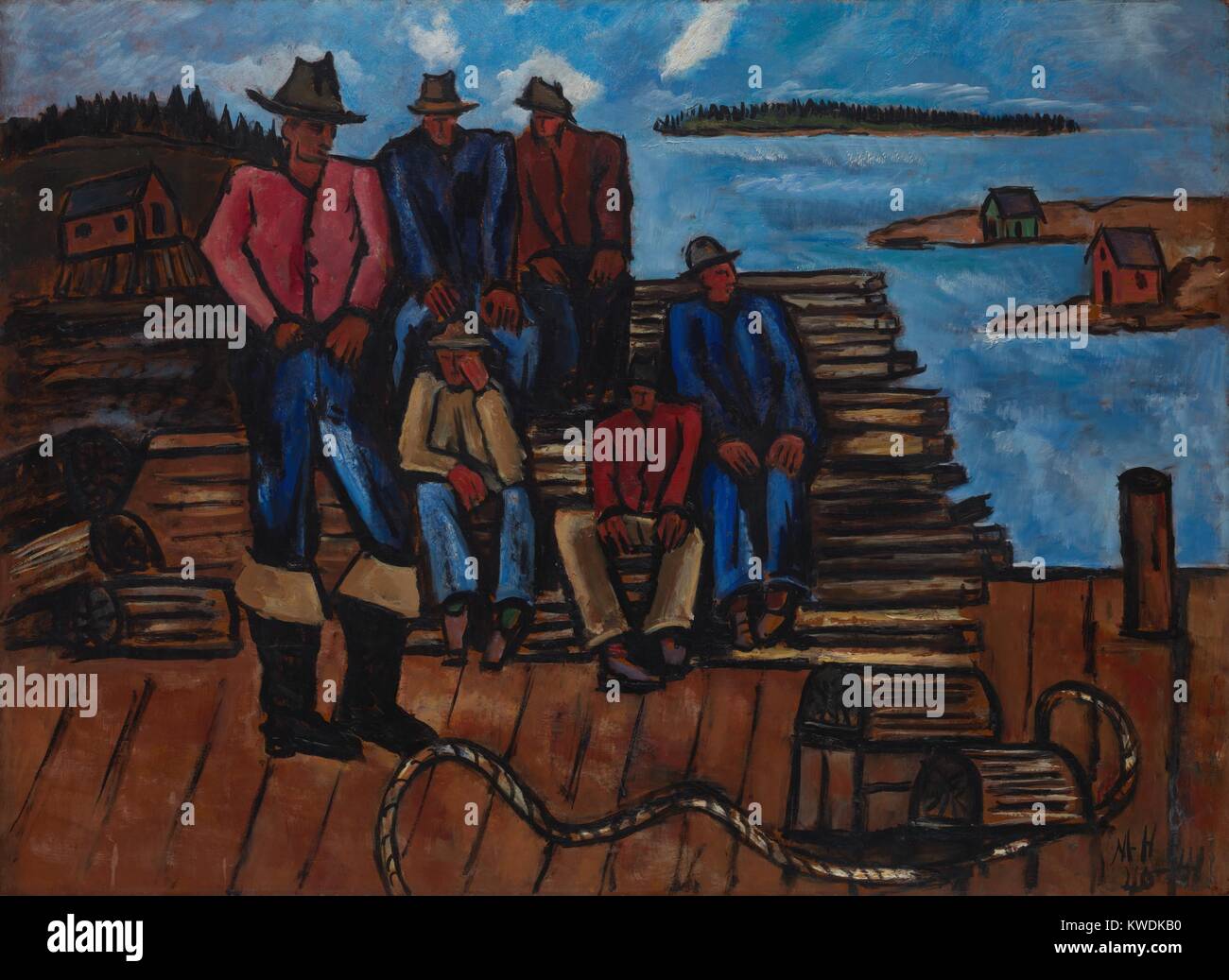 Hummer Fischer, Marsden Hartley, 1940-41, Amerikanische Malerei, Öl auf Hartfaserplatte. In dieser Arbeit, die auf einem Lobstermen Wharf mit ihren Traps versammelt, Hartley nimmt eine primitive expressionistischen Stil (BSLOC 2017 7 113) Stockfoto