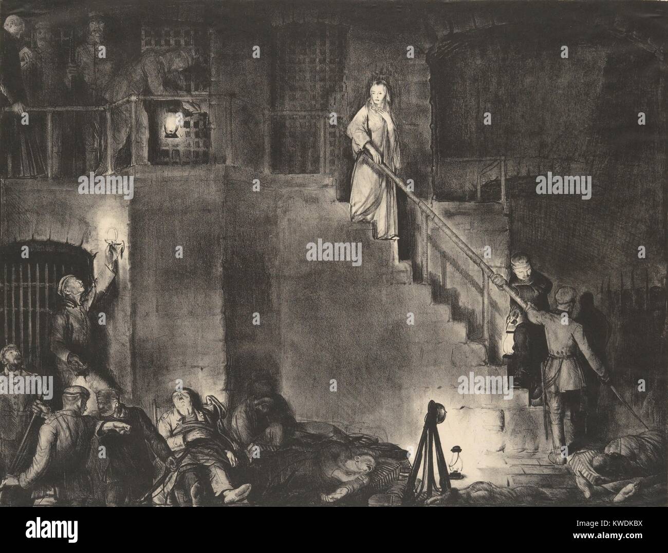 Mord an Edith Cavell, von George Faltenbälge, 1918, American drucken, Lithographie. Edith Cavell, eine englische Krankenschwester, absteigend Gefängnis Treppen vor ihrer Hinrichtung wegen Spionage im Zweiten Weltkrieg 1. Sie fährt von einem Priester und Soldaten gegenüber der Deutschen Erschießungskommando in der Dunkelheit auf der rechten Seite. Schauspielerin Anna Neagle spielte die Hauptrolle in der Hollywood Film 1939, Krankenschwester Edith Cavell (BSLOC 2017 7 130) Stockfoto