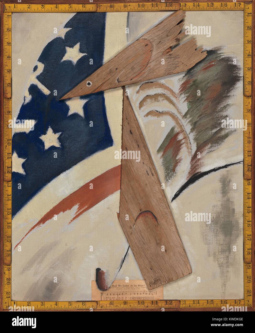 PORTRAIT VON RALPH DUSENBERRY, Arthur Dove, 1924, Amerikanische Malerei, mixed media Collage. Taube Erstellt symbolische Porträts von Freunden mit gefundenen Materialien. Der taube Nachbar, ein Architekt (Herrscher), lebten auf einem Hausboot (nautische Flagge), sang ein Lied (Noten) und lebte in der Nähe von Wetter Holz, der am Ufer des Meeres (BSLOC 2017 7 79) Stockfoto