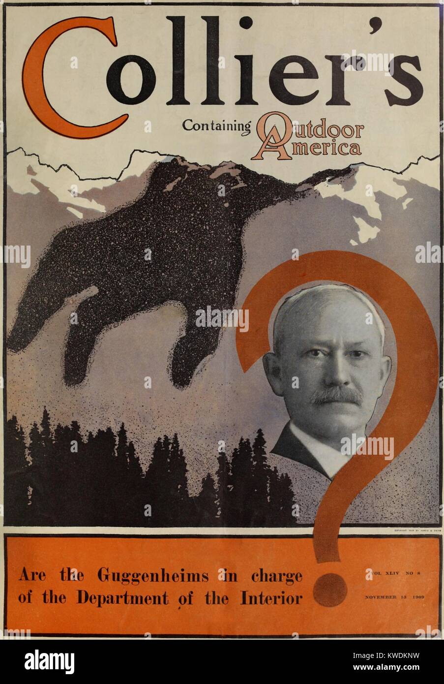 COLLIERS Magazin mit Headline: sind die GUGGENHEIMS IN DER INNEREN ABTEILUNG? November 13, 1909. Innenraum Sekretär Richard Ballingers Portrait ist in einem Fragezeichen in einer Berglandschaft, die von den Schatten einer menschlichen Hand bedeckt überlagerte verkleidet (BSLOC 2017 8 92) Stockfoto