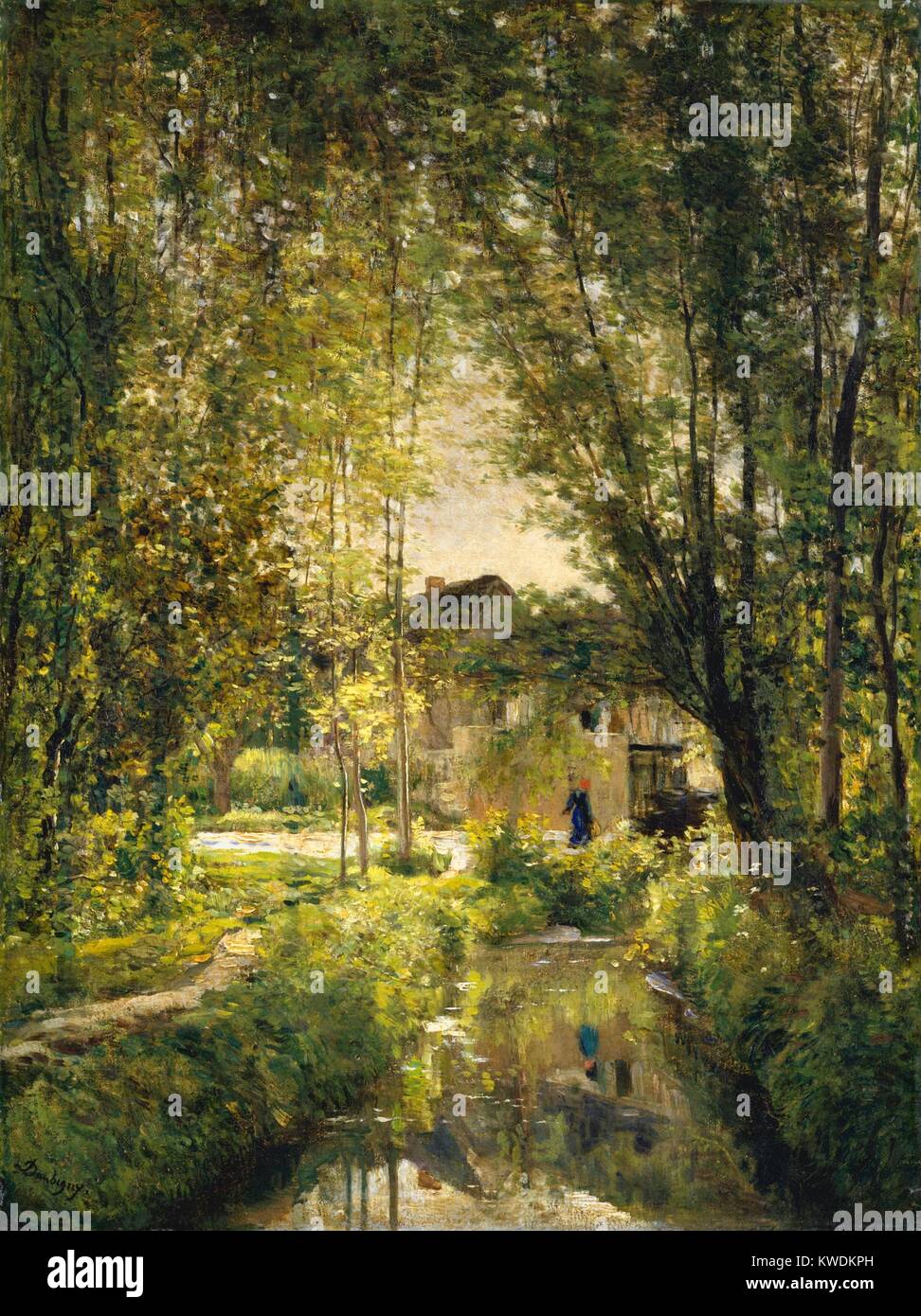 Landschaft mit einem SONNENDURCHFLUTETEN STREAM, von Charles-Francois Daubigny, 1877, Französische Malerei, Öl auf Leinwand. Daubignys realist Barbizon Stil wurde von den impressionistischen Maler, Pissarro und Monet beeinflusst. Daubigny dieser lackiert mit impressionistischen verklebte Brushwork, ein erleichtertes Palette, und abgeflacht räumliche Illusion (BSLOC 2017 9 109) Stockfoto