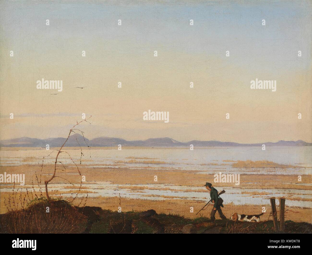 Ein Abend am See ARRESO, von Johan Thomas Lundbye, 1837, der Dänischen Malerei, Öl auf Leinwand. Landschaft der Ansager, die liegt zwischen der größten Dänemark See, Aresso, und das Meer (BSLOC 2017 9 140) Stockfoto
