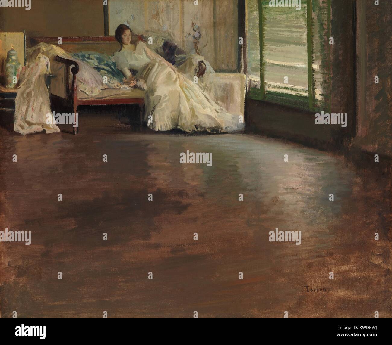 Quer durch den Raum, von Edmund Charles Tarbell, 1899, Amerikanische Malerei, Öl auf Leinwand. Einen liegenden junge Frau wird von über einer breiten, polierten Boden gemalt. Impressionistischer Technik ist im Spiel von Licht mit Losen, Fluid brushwork dargestellt gesehen (BSLOC 2017 9 37) Stockfoto Quer durch den Raum, von Edmund Charles Tarbell, 1899, Amerikanische Malerei, Öl auf Leinwand. Einen liegenden junge Frau wird von über einer breiten, polierten Boden gemalt. Impressionistischer Technik ist im Spiel von Licht mit Losen, Fluid brushwork dargestellt gesehen (BSLOC 2017 9 37) Stockfoto