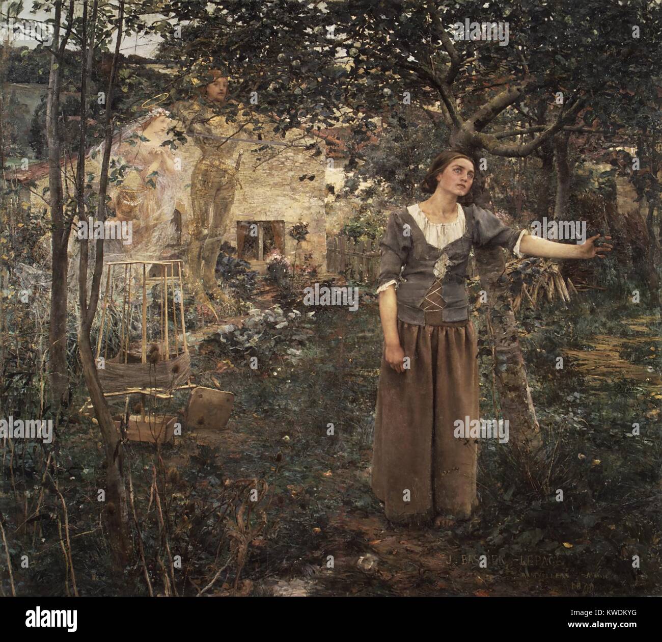Jeanne d'Arc, von Jules Bastien-Lepage, 1879, Französische Malerei, Öl auf Leinwand. Der Künstler zeigt eine super-natürliches Ereignis mit extremen Naturalismus. Die ausdrucksstarke Figur der Jeanne d'Arc zieht die Zuschauer erste Aufmerksamkeit. Auf der linken Seite, leicht bemalt Geister des Heiligen Michael, Margaret, und Catherine schlagen Ihre unkörperlichen Präsenz (BSLOC 2017 9 75) Stockfoto