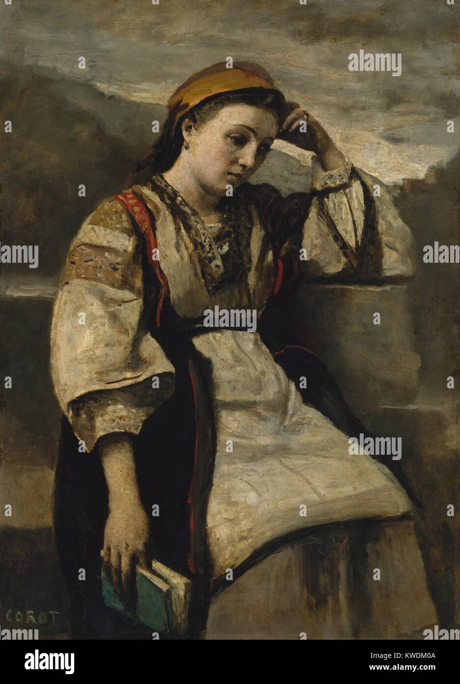 Träumerei, von Camille Corot, 1860-65, Französische Malerei, Öl auf Holz. Corot stellte der Arbeiterklasse Pariser Frauen in exotische Kostüme in seinem Studio. Das Modell hat eine natürliche placid Gesicht, hält ein Buch und wird vor einem allgemeinen Landschaft Hintergrund gemalt (BSLOC 2017 9 94) Stockfoto