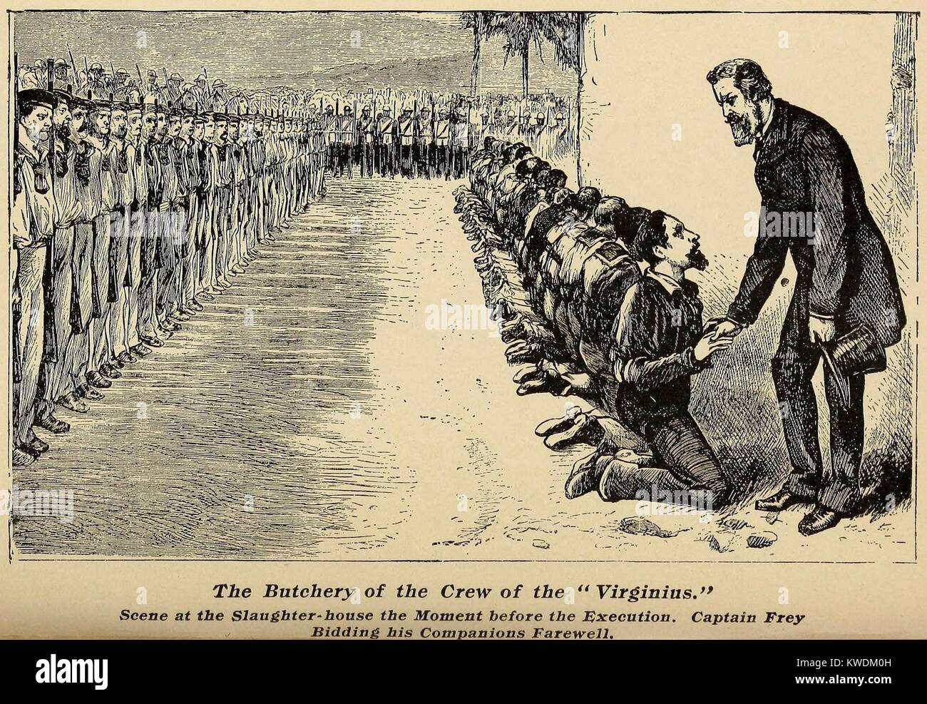 Kapitän Joseph Fry des Schiffes Virginius Abschied bieten zu 37 seiner Mannschaft vor ihrer Ausführung in Kuba, November 7, 1873. Sie wurden gefasst der Waffenlieferungen zu Rebellen während der Kubanischen Unabhängigkeitskrieg (1868-78). Ein Spanisch-amerikanischen Krieg erschrecken folgte, war aber mit der Veröffentlichung der 91 verbleibenden seaman im Jan. 1874 (BSLOC 2017 10 1 behoben) Stockfoto