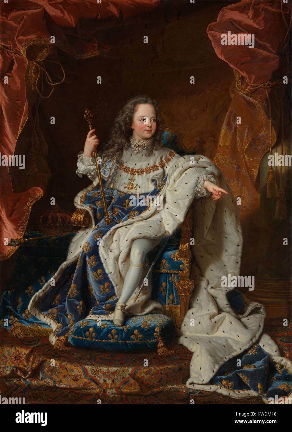 LOUIS XV, von Hyacinthe Rigaud, 1714, französischer Malerei des Barock, Öl auf Leinwand. Er bestieg den Thron im Alter von fünf Jahren, sein Urgroßvater Erfolg, und regierte von 1714 bis 1774 (BSLOC 2017 10 111) Stockfoto