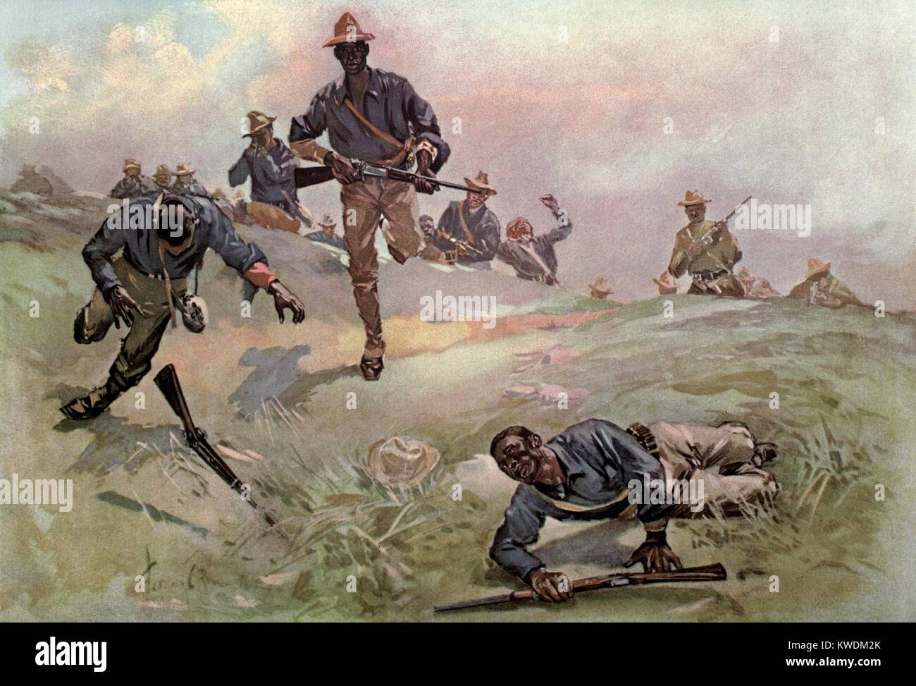 Afrikanische Amerikaner von Truppe C, 9 US Kavallerie, mit Kapitän Taylor, die Aufladung führt. Im Hintergrund ist das Blockhaus in San Juan Höhen. Juli 1, 1898, Schlacht von San Juan Hill, während des spanisch-amerikanischen Krieg in Kuba (BSLOC 2017 10 36) Stockfoto
