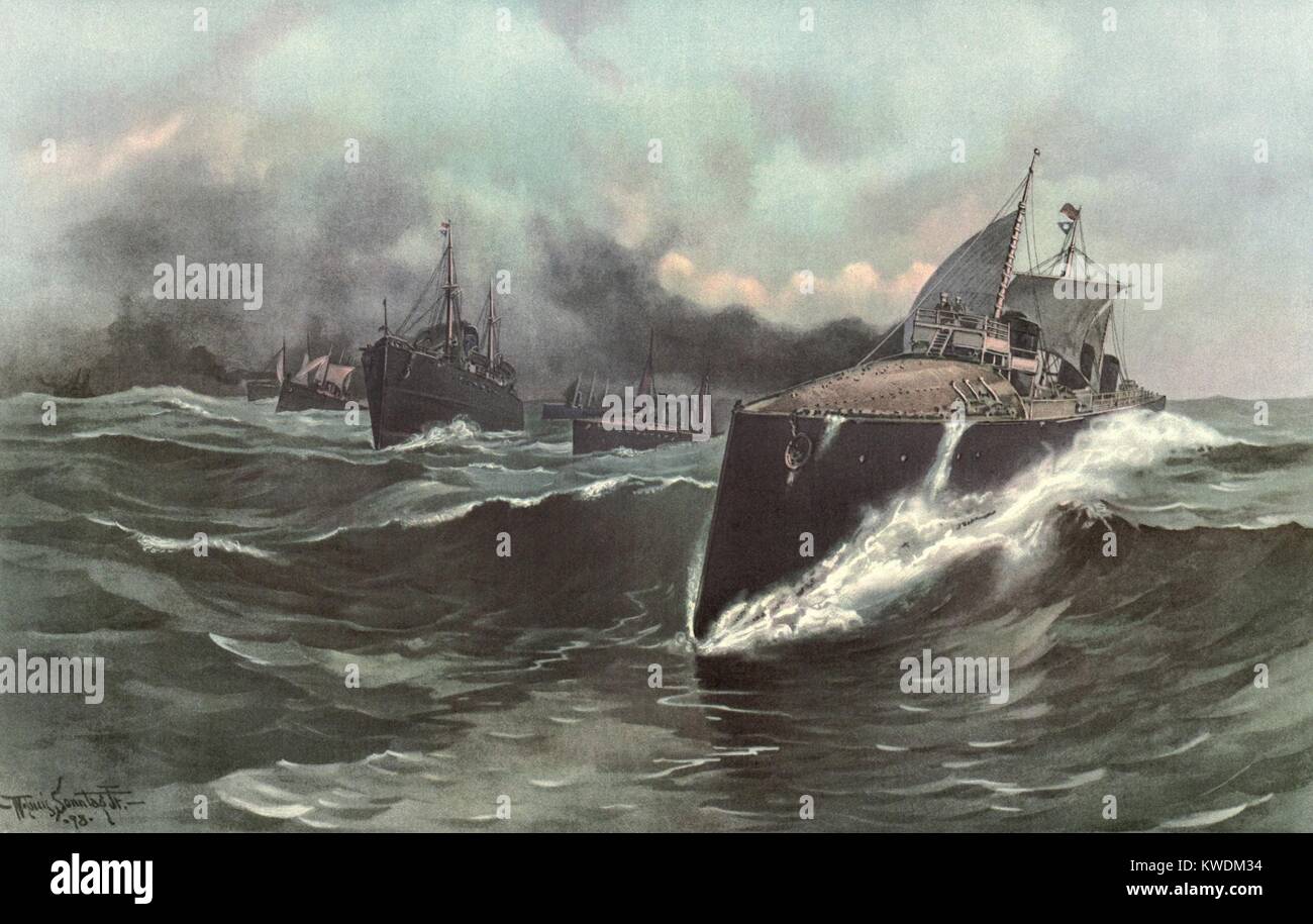 Spaniens Torpedoboot Flottille Weg zur Karibik, Mai 1898. Spanische Geschwader, unter dem Kommando von Admiral Pascual Cervera, in den Hafen von Santiago de Cuba am 19. Mai, nur um von einem US-Marine, die Blockade des Hafens von Santiago de Cuba am 27. Mai gefangen sein, 1898 (BSLOC 2017 10 45) Stockfoto