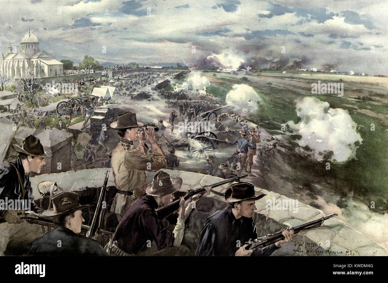 Schlacht von Caloocan, (2. Schlacht von Manila), 10.02.1899, Philippine-American Krieg. Batterie des Utah Artillerie ist in der Mitte im Vordergrund. Die Zehnte Pennsylvania Volunteers, von General Arthur MacArthurs Division, ist hinter der Wand. Major General Arthur MacArthur steht im Hintergrund auf der inneren Wand rechts von der chinesischen Kirche. Vom Leben gezeichnet von G.R. Peters (BSLOC 2017 10 73) Stockfoto