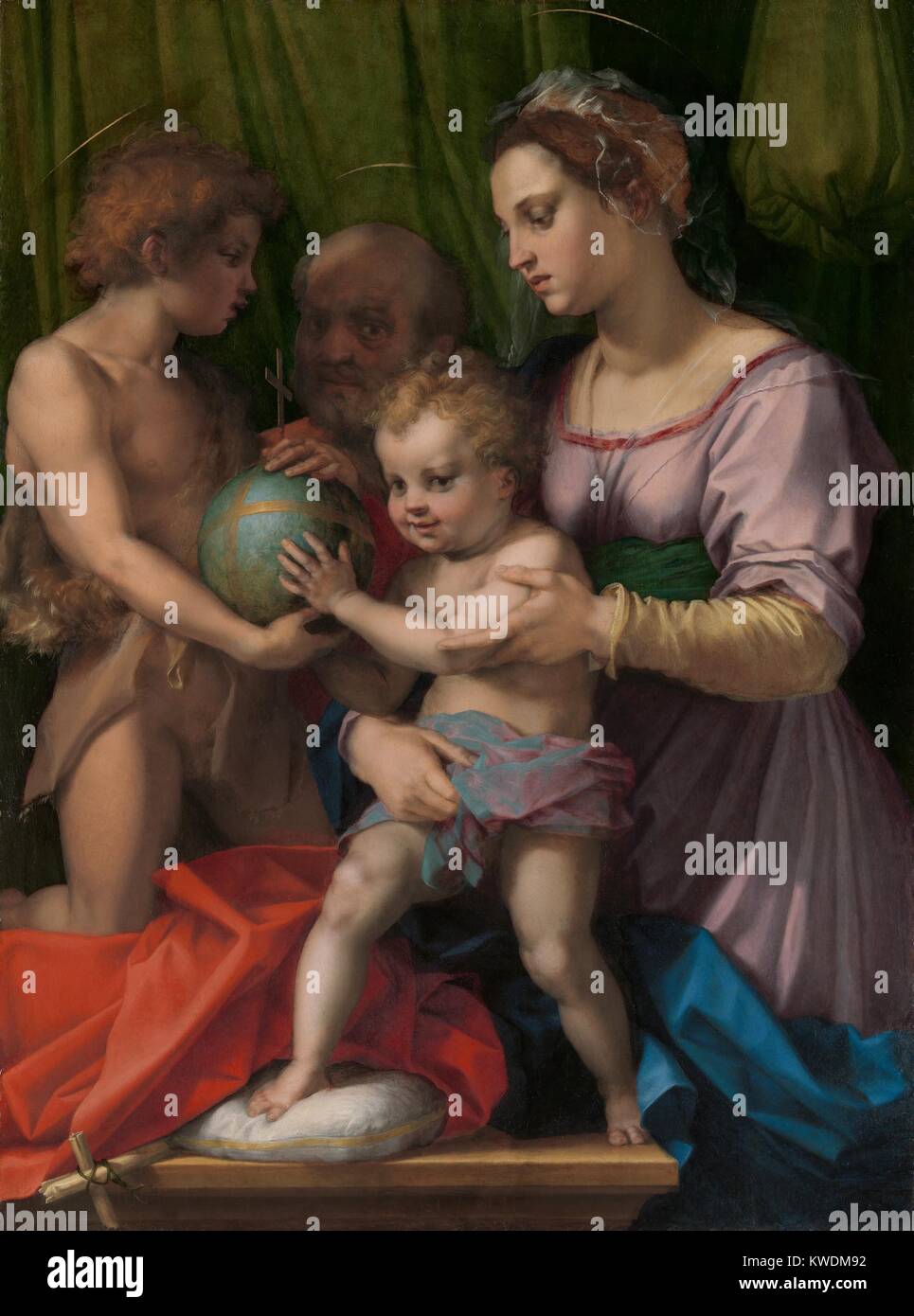 Heilige Familie mit ST. Johannes der Täufer, von Andrea del Sarto, 1500-30, italienische Renaissance Malerei. Der Künstler war ein Zeitgenosse von Leonardo und teilt seine sanfte Beleuchtung, komplexe und natürliche Abbildung Gruppen (BSLOC 2017 16 43) Stockfoto