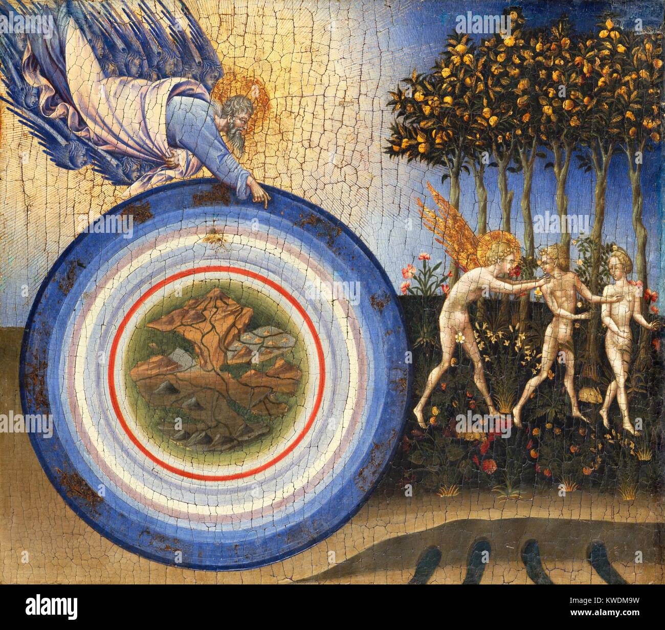 Erschaffung der Welt und der Vertreibung aus dem Paradies, von Giovanni di Paolo, 1445, Renaissance Malerei. Das Universum ist wie konzentrische Kreise angezeigt, mit der Erde in der Mitte durch die Umlaufbahnen der himmlischen Sphären, einschließlich Sun umgeben, dann die Sternbilder des Tierkreises. Gott, der Vater, unterstützt von blue Cherubim, schwebt über das Universum. Auf der rechten Seite ist die Vertreibung von Adam und Eva aus Eden (BSLOC 2017 16 58) Stockfoto