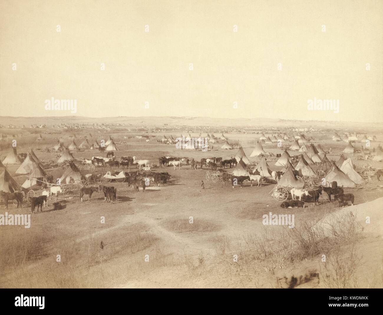 Feindliche indischen Lager von tipis, Pferde und Wagen auf Pine Ridge Indian Reservation im Jan. 1891. Sie wurden als Feinde, weil Sie die Ghost Dance Bewegung angeschlossen, Widerstand weiß Indoktrination und Kultur. Sie nur widerstrebend folgten Aufträge in der Pine Ridge Agentur zu kommen, Ende 1890, vor dem Wounded Knee Massacre. Foto von John Grabill, Jan. 1891 (BSLOC 2017 18 13) Stockfoto