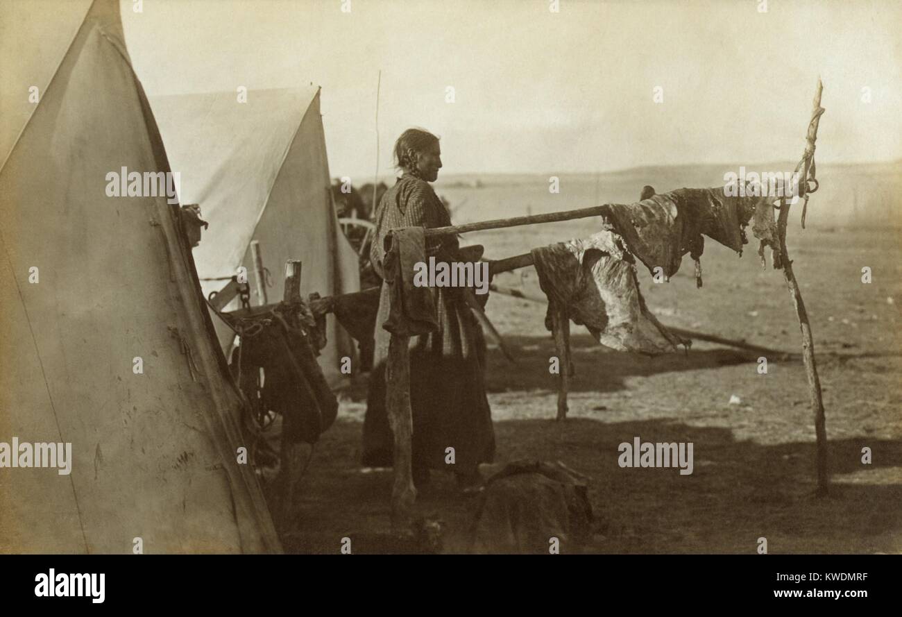 Sioux Frau, die zwischen zwei Frames auf das Fleisch getrocknet wird, 1908. Dieses traditionelle Bewahrung Methode wurde mit Rindfleisch, nachdem der Büffel von den Great Plains verschwanden. Foto von Solomon Butcher (BSLOC 2017 18 37) Stockfoto