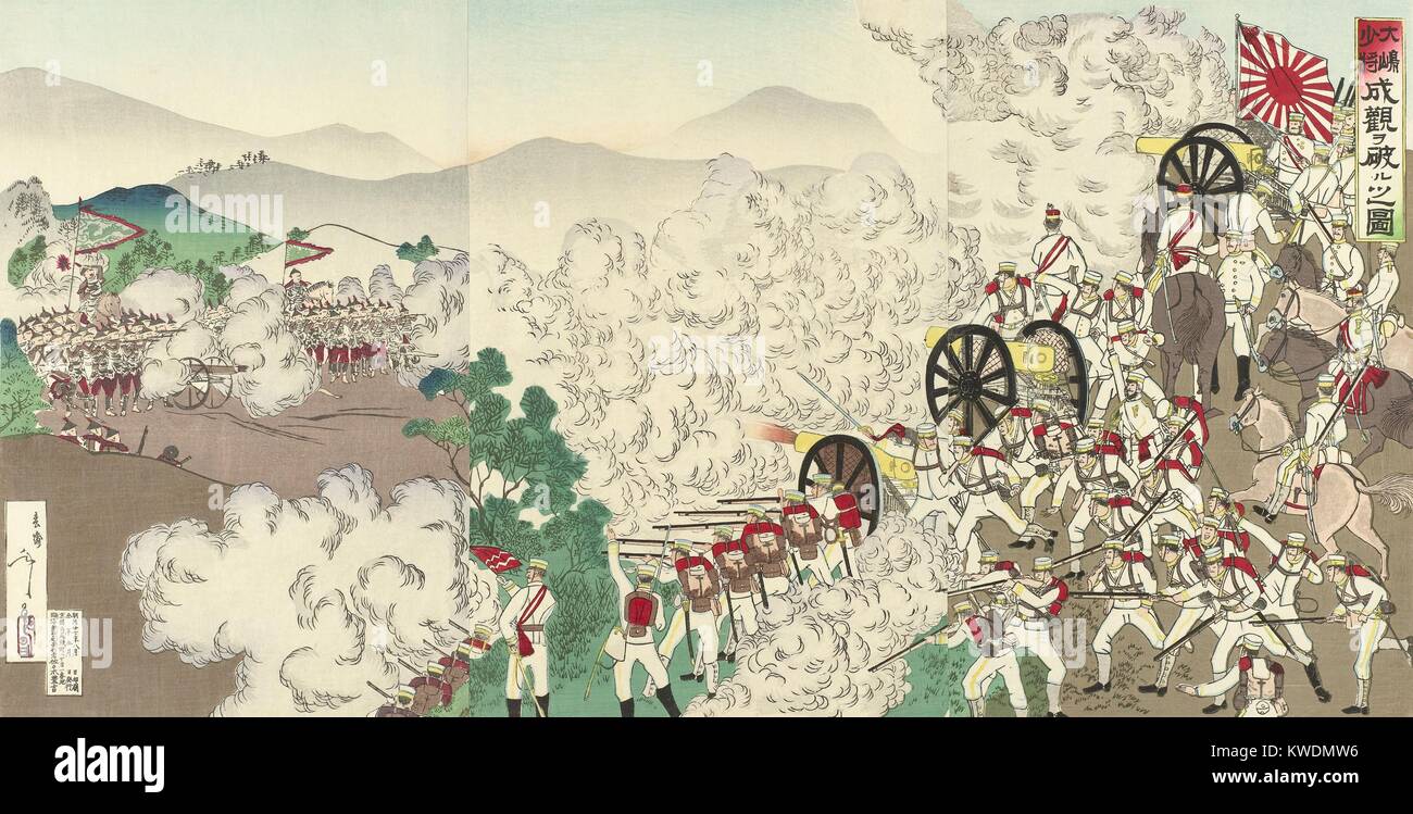Schlacht von Songhwan, 28. Juli 1894, während des Ersten Japanisch-Chinesischen Krieges. Dies war die erste große Land Schlacht in Korea zwischen den Kräften der Meiji Japan und China der Qing-Dynastie. Die Japaner besiegt die Chinesische 30 Meilen südlich von Seoul. Nach der Schlacht, beide Länder erklärten Kriegszustand (BSLOC 2017 18 73) Stockfoto