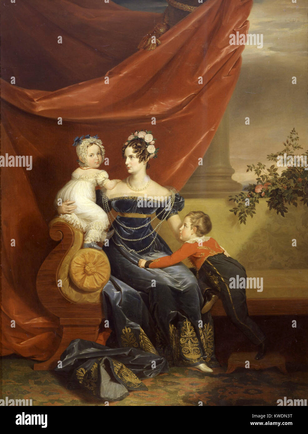 Alexandra Fjodorowna mit ihren beiden ältesten Kinder, die tsarevich Alexander und der Großfürstin Maria Nikolajewna, C. 1820 Stockfoto