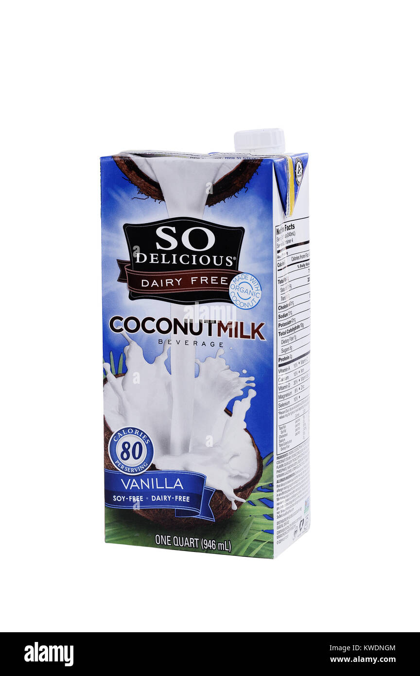 Zucht, KY USA - Januar 2, 2018: Nahaufnahme von einem 1 Liter Karton so lecker ohne Milchprodukte Vanille CoconutMilk Trinken auf weißem Hintergrund Stockfoto