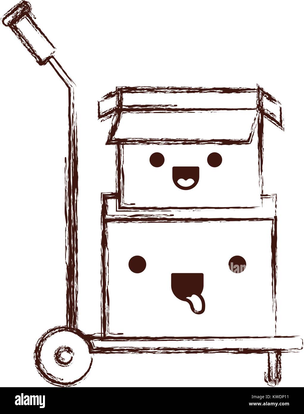 Hand-Lkw mit kawaii Kartons gestapelt und in Schwarzweiß geöffnet unscharfe Silhouette Stock Vektor