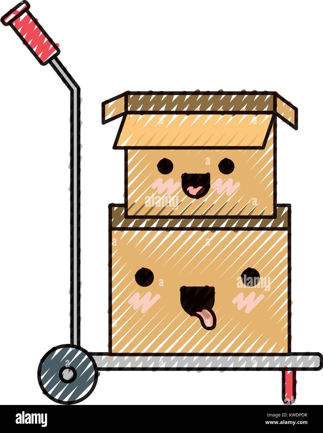 Hand-Lkw mit kawaii Kartons gestapelt und in farbige Kreide silhouette geöffnet Stock Vektor
