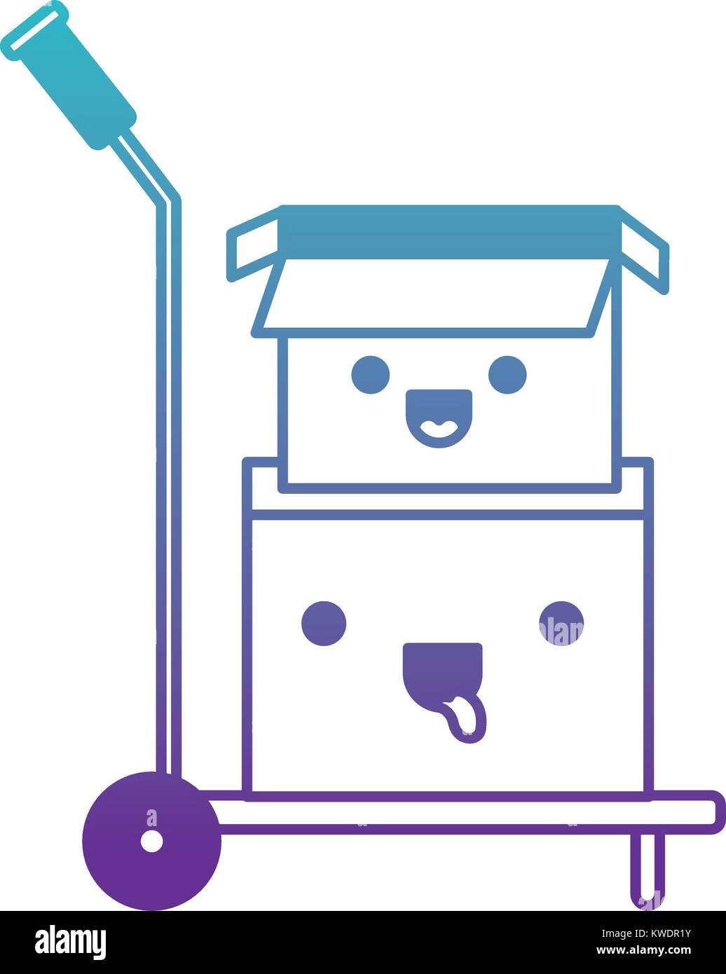 Hand-Lkw mit kawaii Kartons gestapelt und ein in den Fehlermodus Blau bis Violett Farbe Kontur geöffnet Stock Vektor
