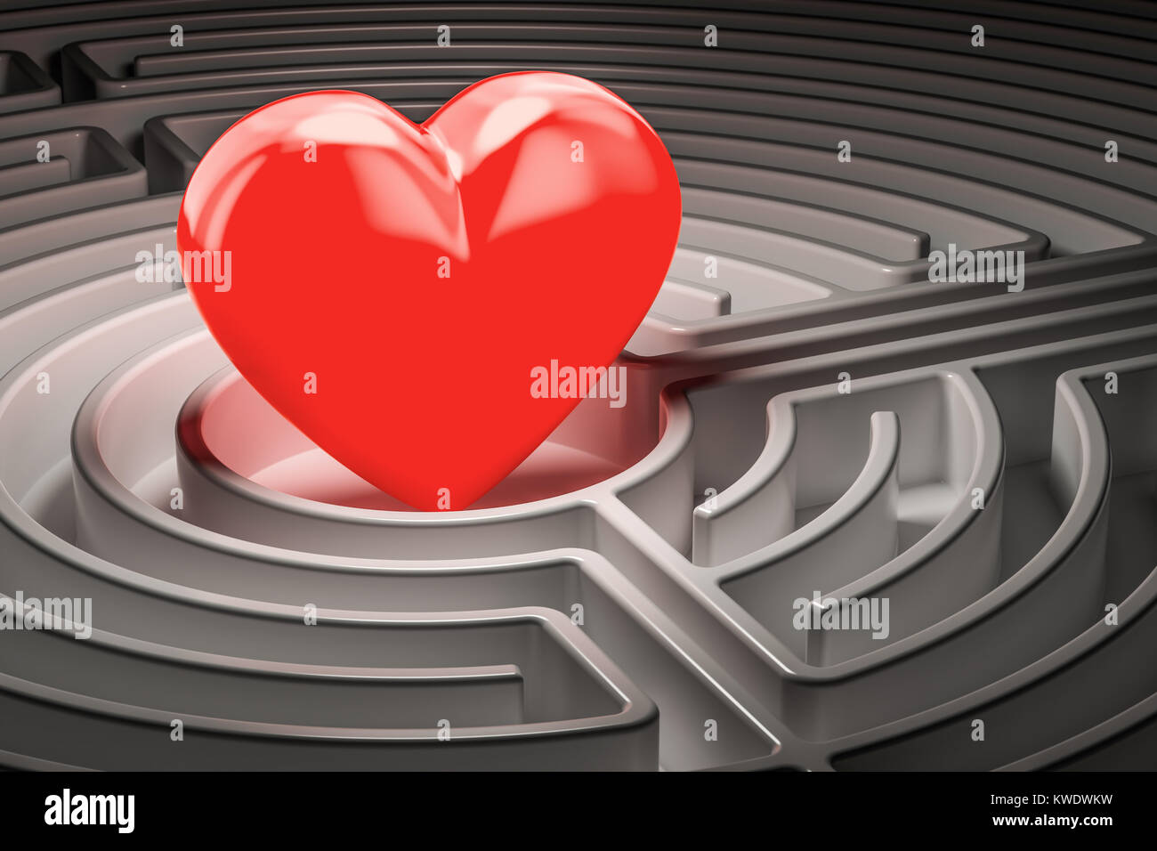 Rotes Herz in der Mitte von einem Labyrinth, die Liebe zu finden. 3D-Rendering Stockfoto