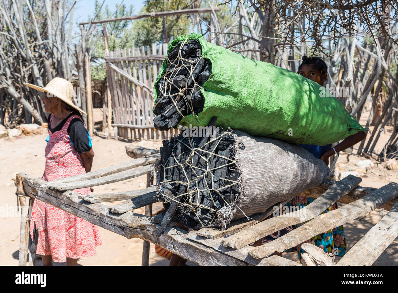 Säcke voller Holzkohle sind für Verkauf für Kraftstoff mit einem am Straßenrand stehen. Madagaskar, Afrika. Stockfoto