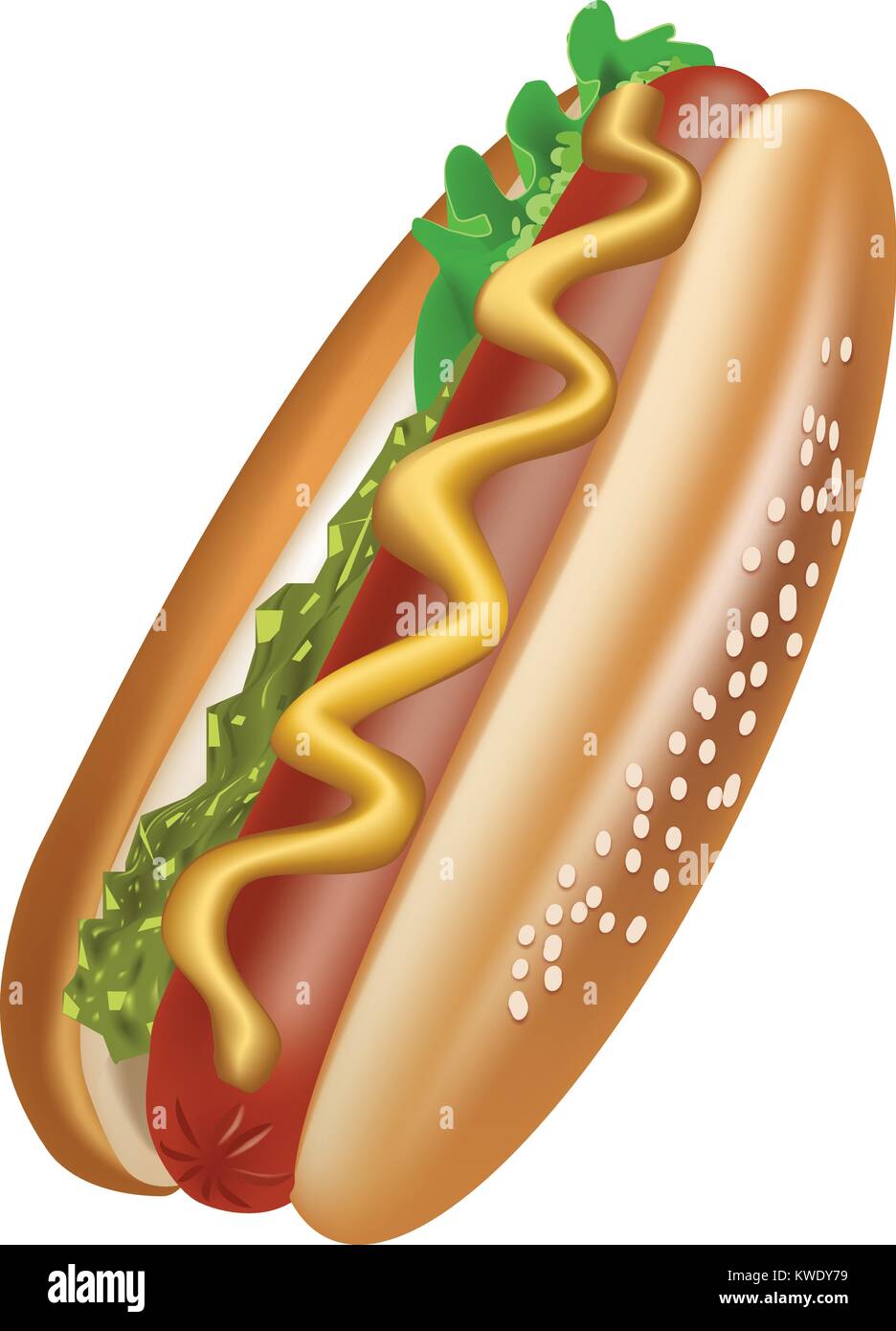 Hot dog Vector Illustration mit weißem Hintergrund - sesambrötchen und Würstchen mit Salat, Senf und speziellen Sauce Stock Vektor
