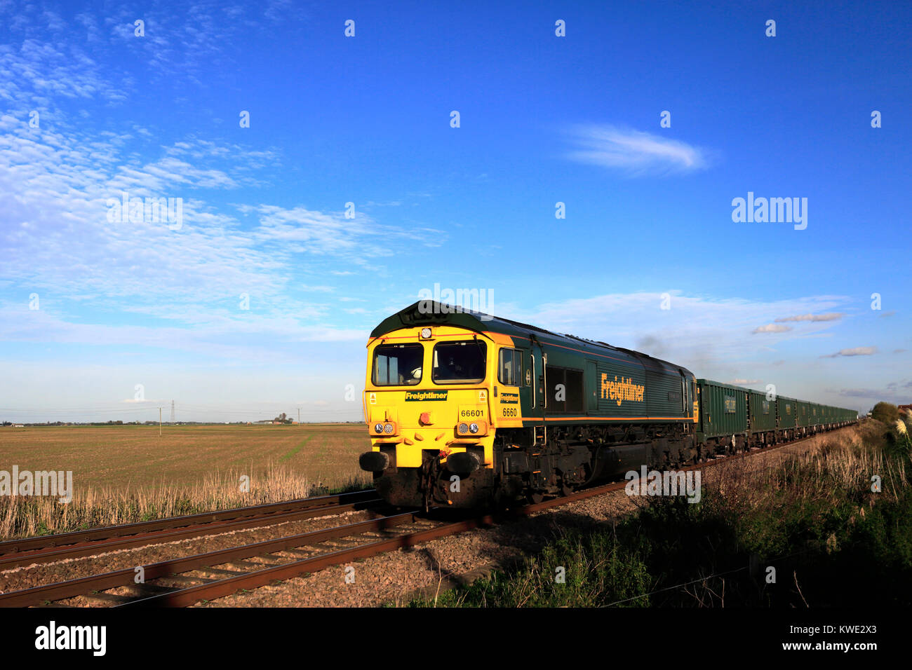 66601 Freightliner Zug, Peterborough bis März line, Cambridgeshire, England, Großbritannien Stockfoto