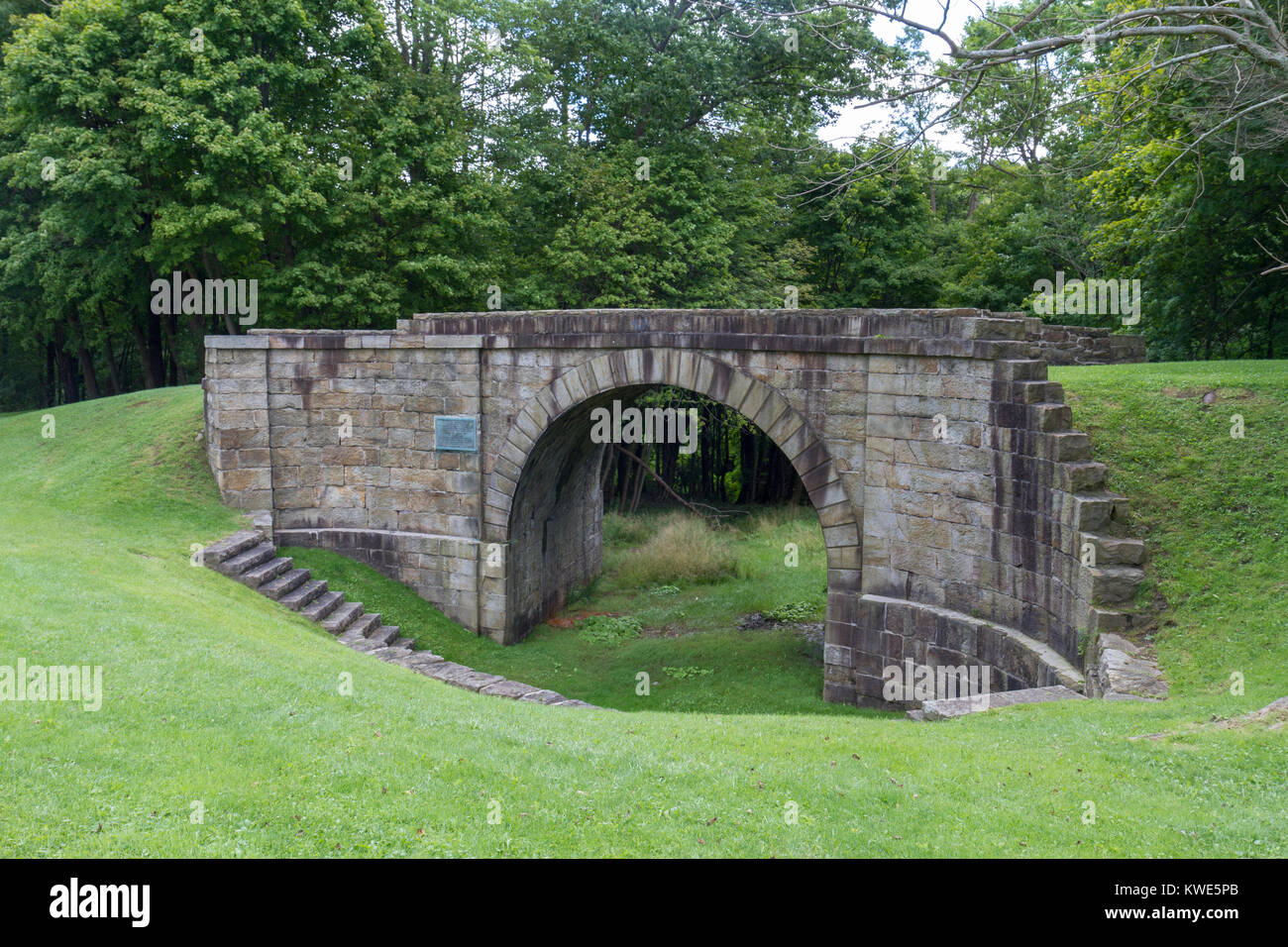 Die Skew Bogenbrücke, Allegheny Portage Eisenbahn National Historic Site, Blair County, Pennsylvania, United States. Stockfoto
