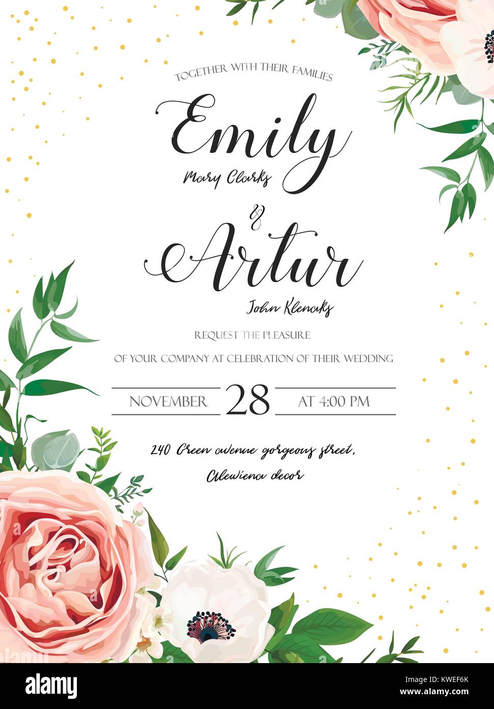 Hochzeit Blumen Einladungskarte design einladen: Rosa Lavendel Blume, weiße Anemonen, Wachs, Eukalyptus Zweig grün Blätter aquarell Stil, Rost Stock Vektor