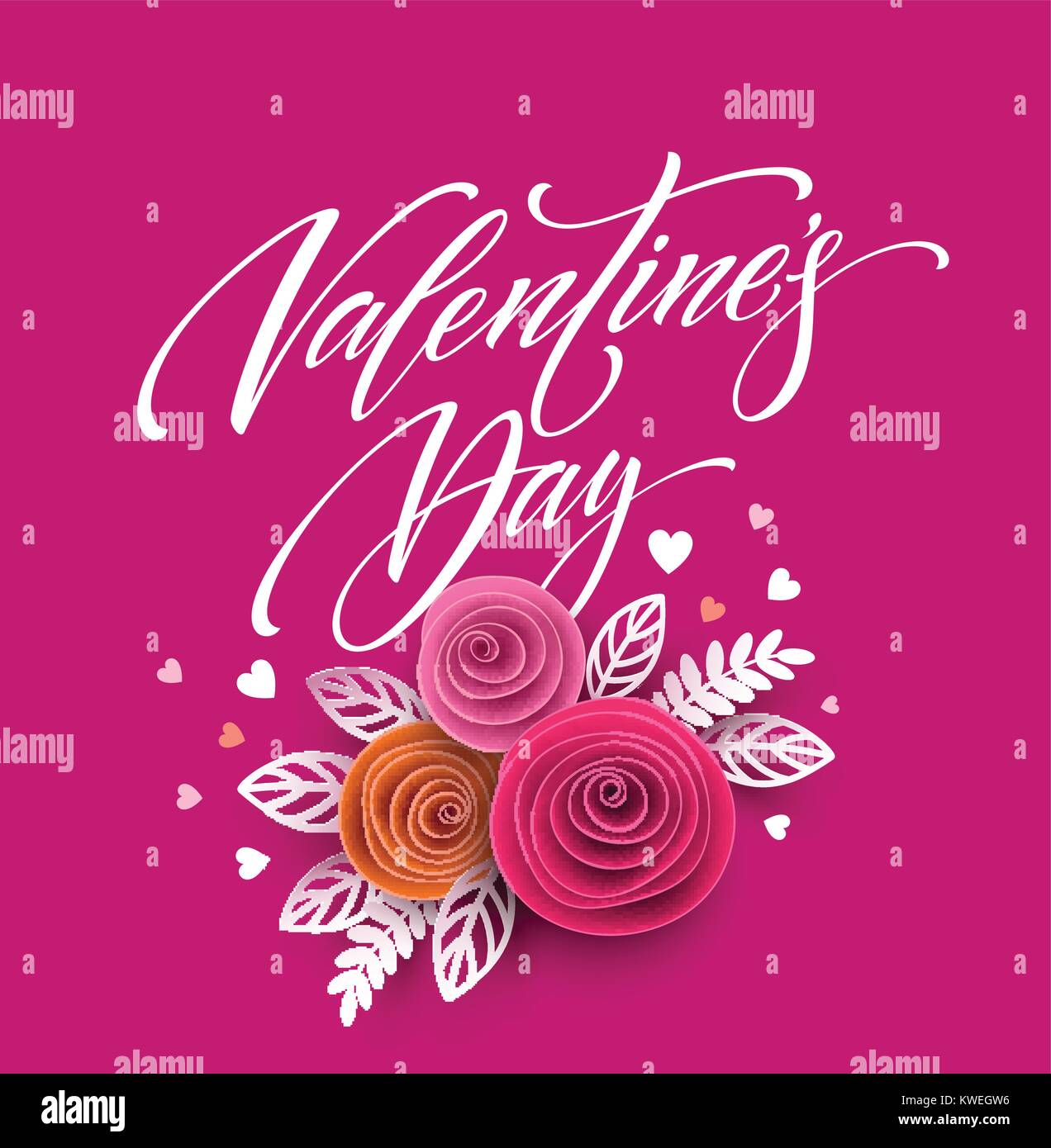 Karte der Valentinstag Schriftzug in Papier Blume Hintergrund. Vector Illustration Stock Vektor