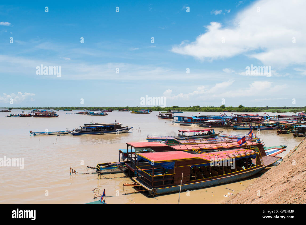 Lange Boote verbunden und günstig in der Nähe der Ufer des Tonle Sap See, für Touristische Verkehrsmittel Kampong Phluk schwimmenden Dorf, Siem Reap, Kambodscha Stockfoto