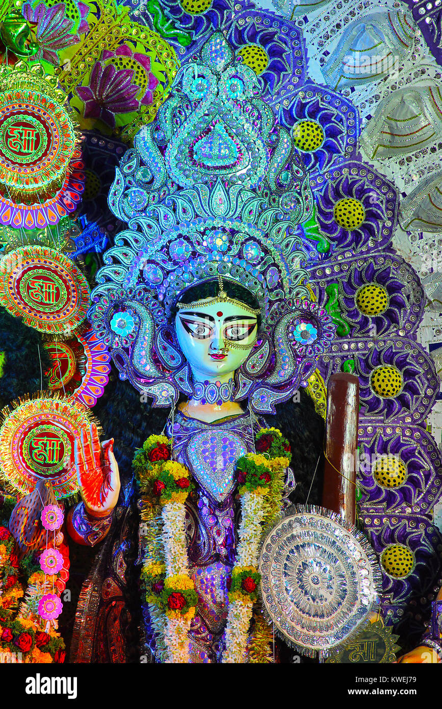 Nahaufnahme der Götze der Göttin Kali, Navaratri Festival, Pune Stockfoto