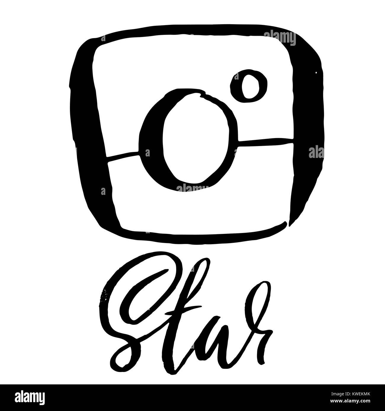 Vintage handdrawn Foto Kamera Symbol. Vector Illustration für soziale Medien Wettbewerbe. Star moderne Bürste Schriftzug. Stock Vektor